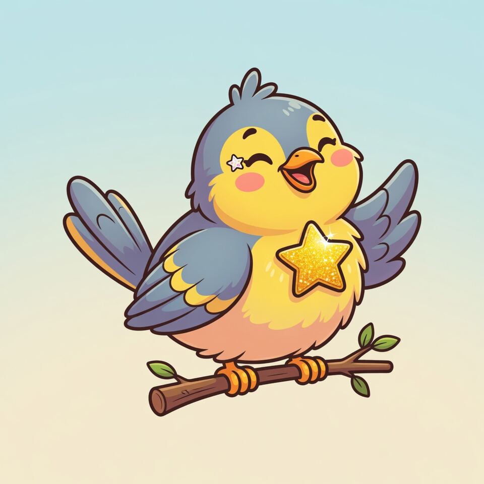 Happy cartoon songbird with a gold star