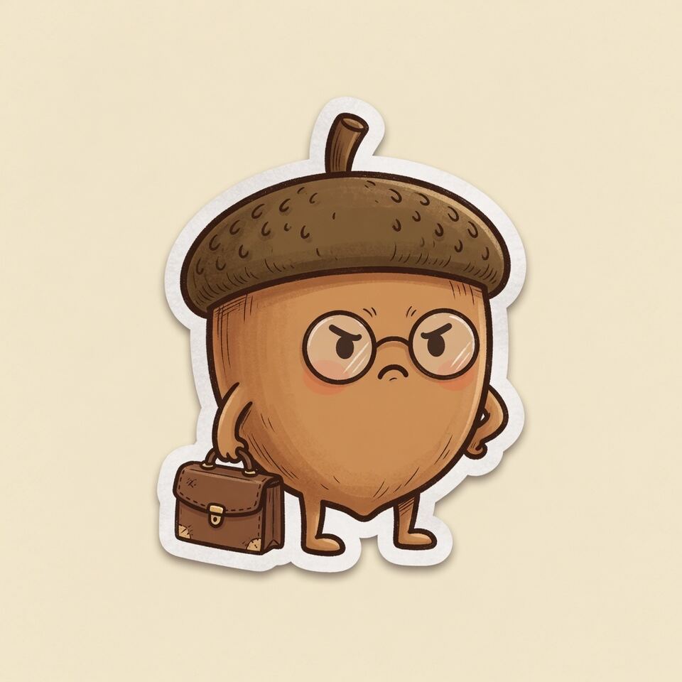 Serious cartoon acorn with glasses and a briefcase