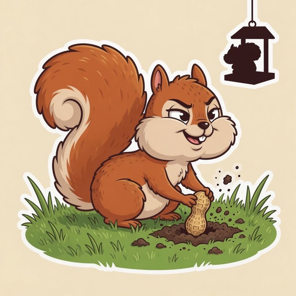 Cartoon squirrel burying a peanut while glancing at a distant bird feeder