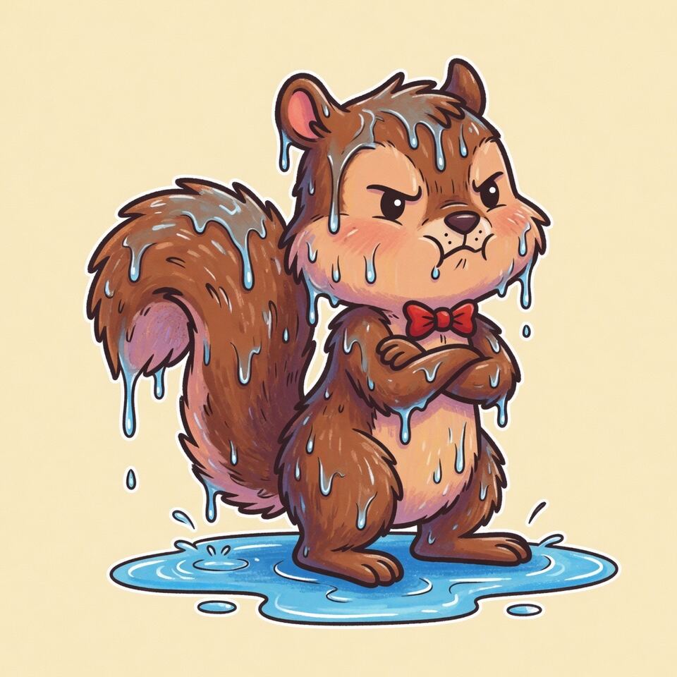 Soaked, offended cartoon squirrel standing in a puddle