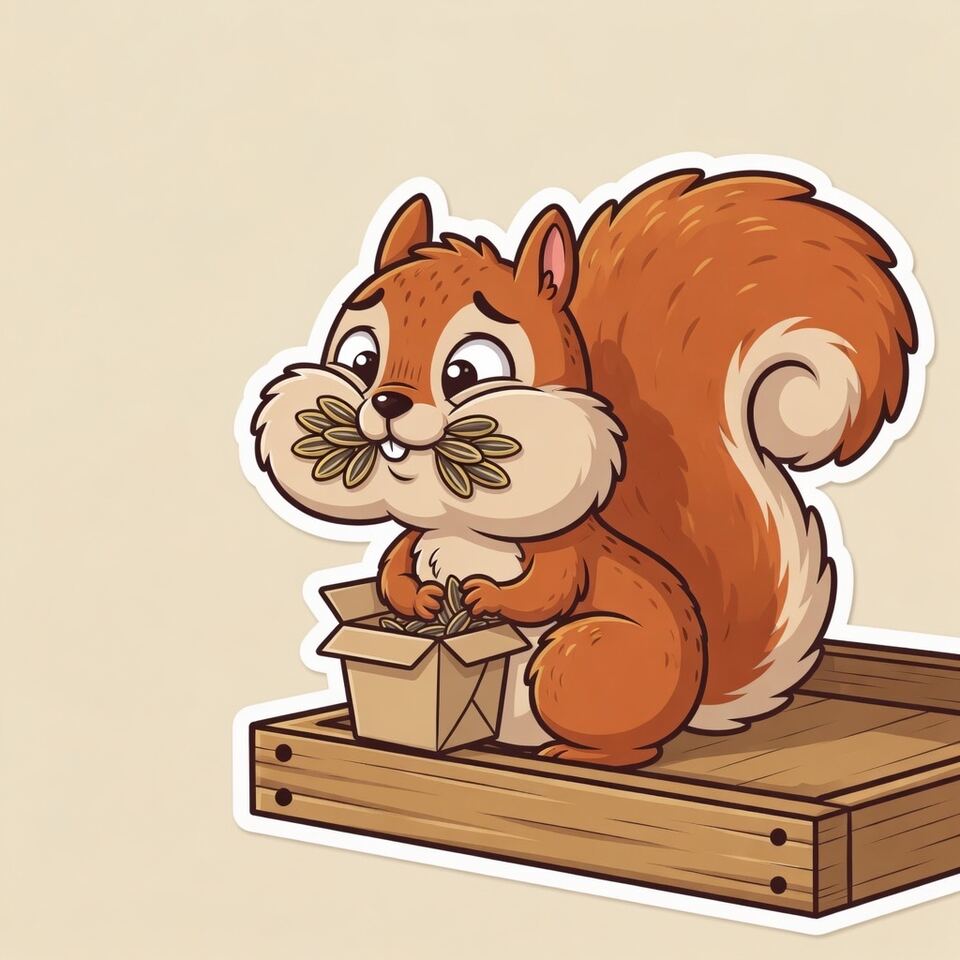 Cartoon squirrel stuffing seeds into a takeout carton on a feeder tray