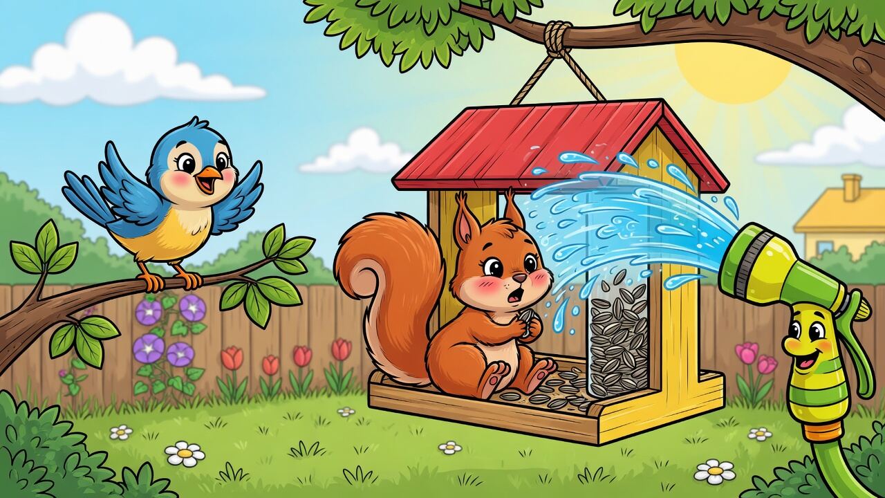 Cartoon backyard: happy bird on a branch, surprised squirrel on a feeder, hose spraying water