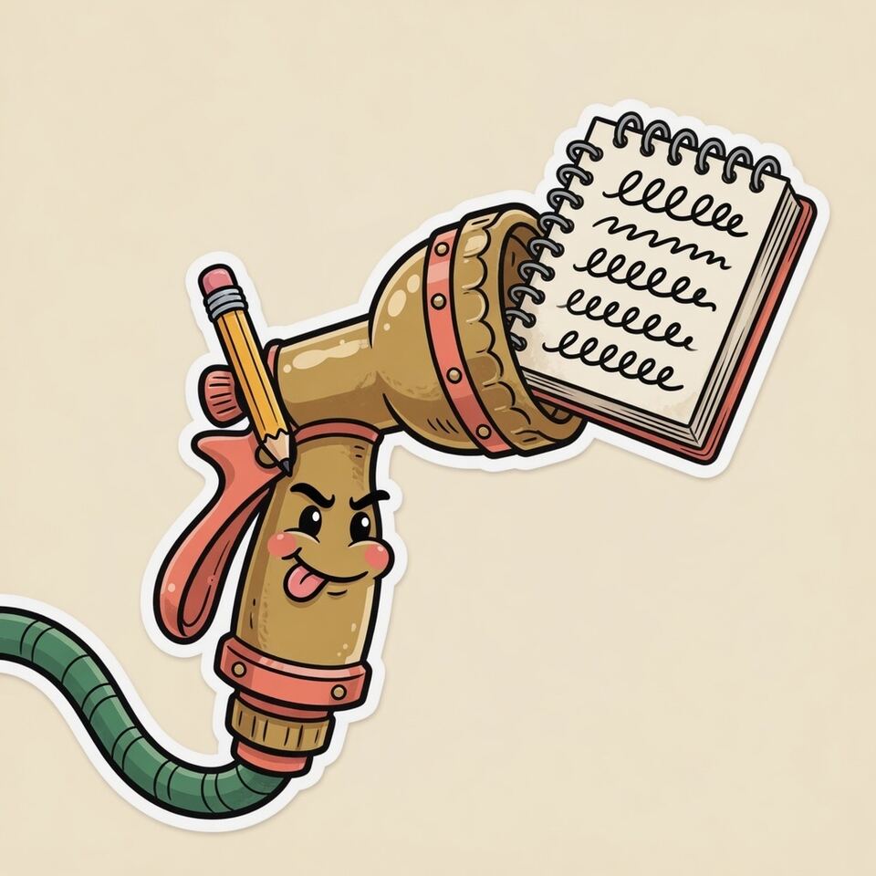 Cartoon hose nozzle writing in a tiny notebook with a pencil