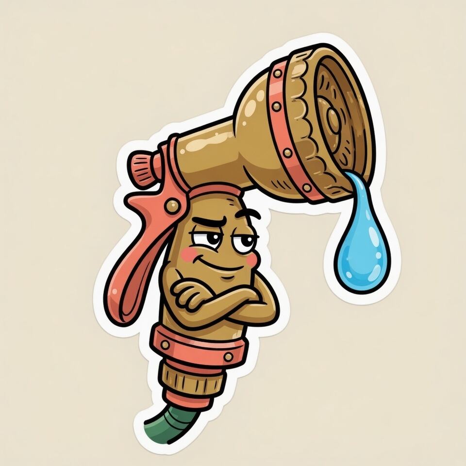 Cartoon hose nozzle with a raised eyebrow and one dripping drop
