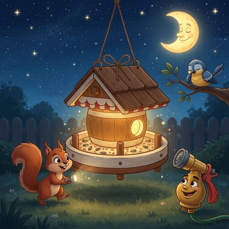 Night scene: Gary sneaking toward the glowing feeder with a flashlight while the hose waits in shadow