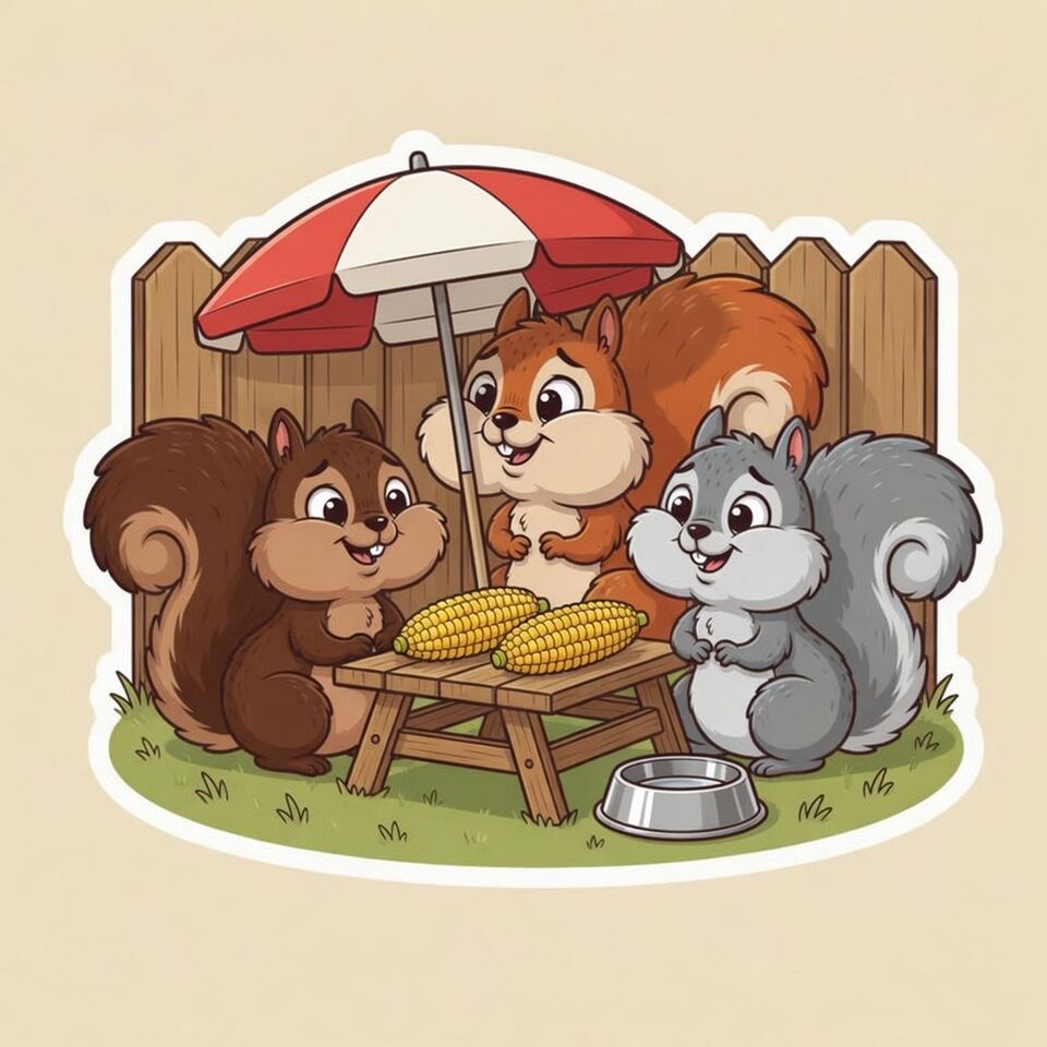 Three cartoon squirrels at a tiny umbrella-covered picnic table with corn cobs and a stainless steel water bowl
