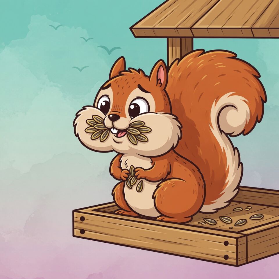 Guilty cartoon squirrel with cheeks full of seeds