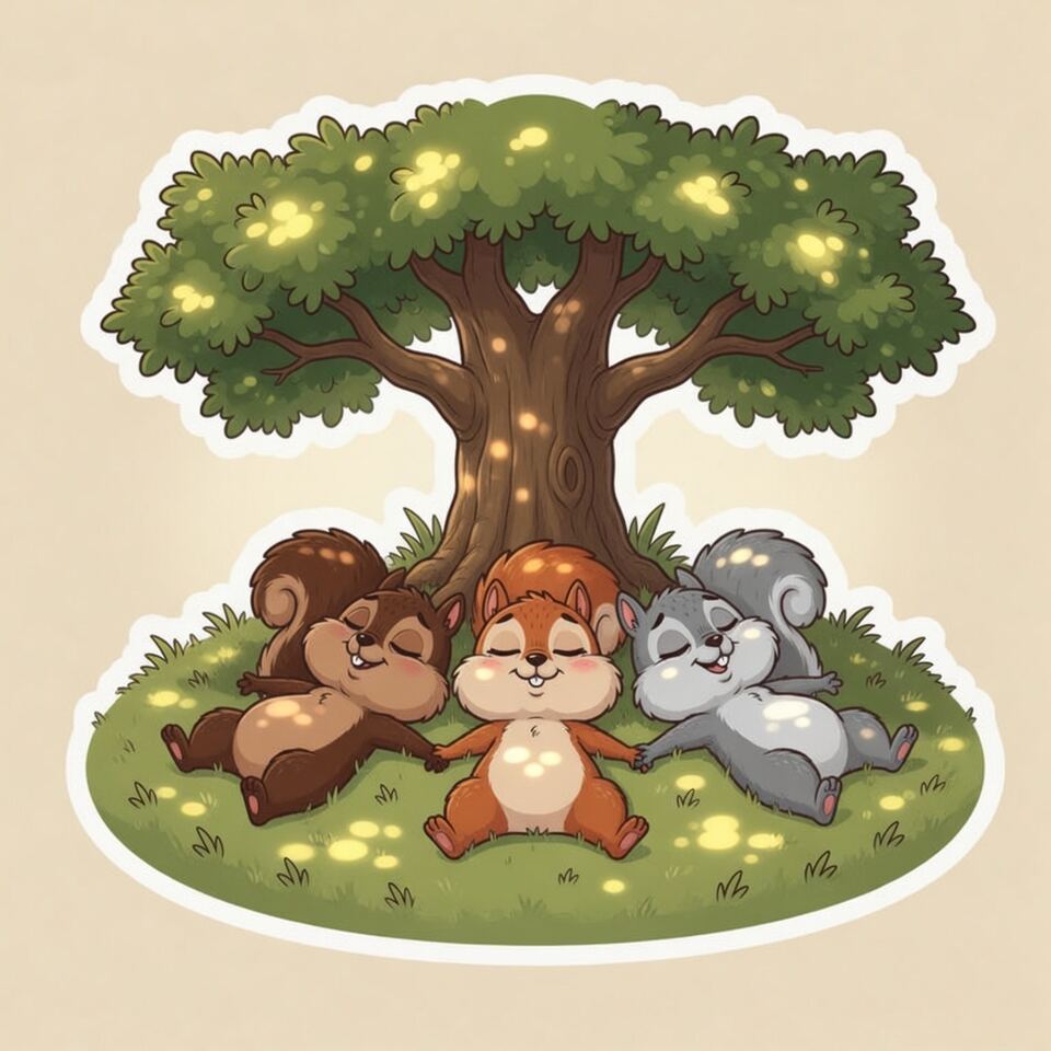 Three cartoon squirrels lying flat in the shade under a big oak tree