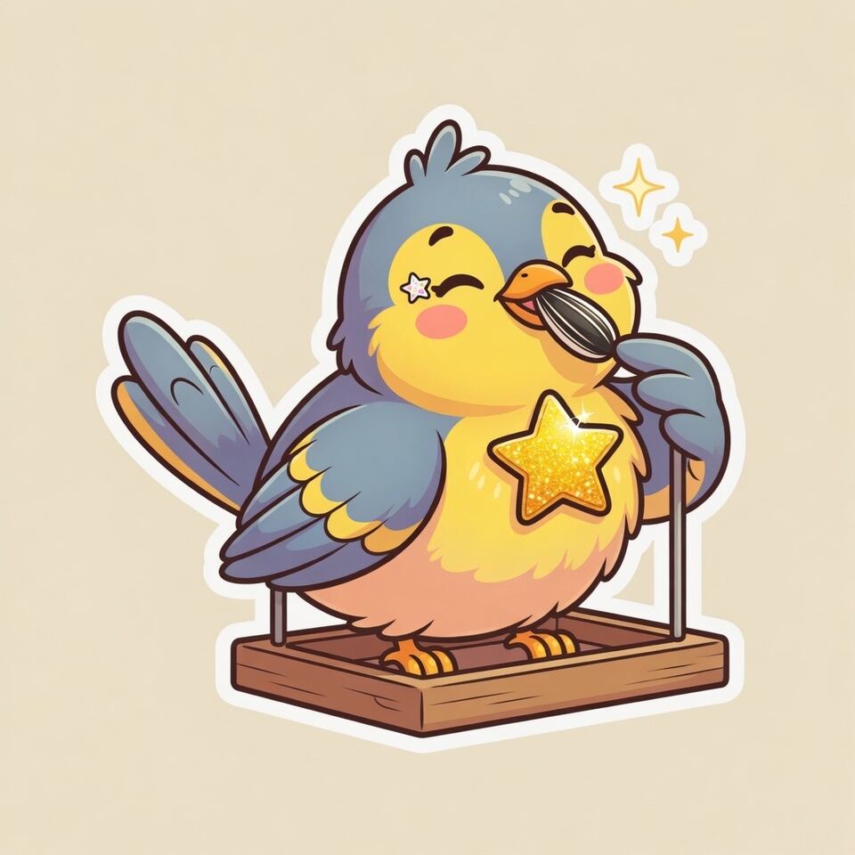 Blissful cartoon songbird eating a seed at the feeder